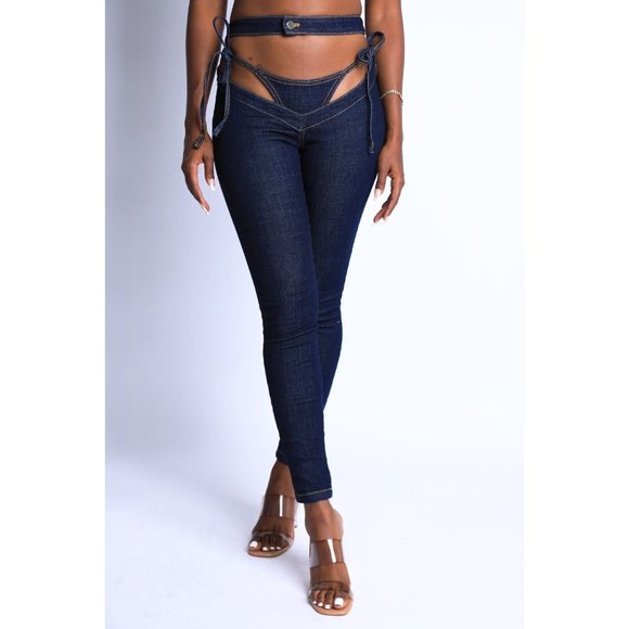 Women's Self Belted Bikini Cutout Sexy Denim Pants S M L Denim Indigo White - Picture 9 of 10